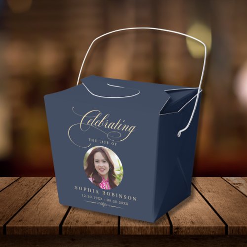 Photo Elegant Blue Gold Script Funeral Memorial  Favor Boxes