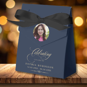 Photo Elegant Blue Gold Script Funeral Memorial  Favor Boxes
