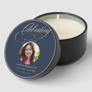 Photo Elegant Blue Gold Script Funeral Memorial  Mini Candle Favors