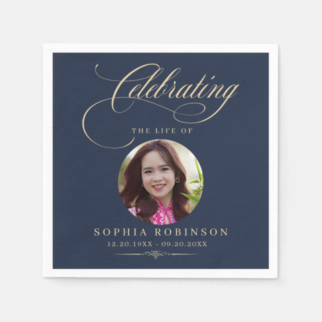 Photo Elegant Blue Gold Script Funeral Memorial  Napkins (Front)