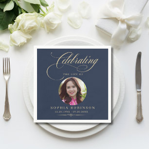 Photo Elegant Blue Gold Script Funeral Memorial Napkins