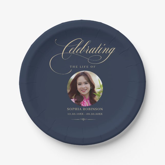 Photo Elegant Blue Gold Script Funeral Memorial  Paper Plates (Front)