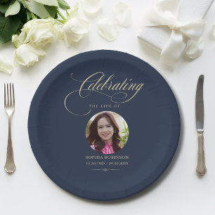 Photo Elegant Blue Gold Script Funeral Memorial  Paper Plates