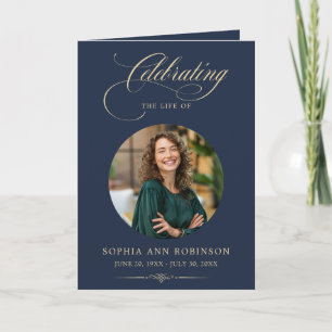 Photo Elegant Blue Gold Script Funeral Program