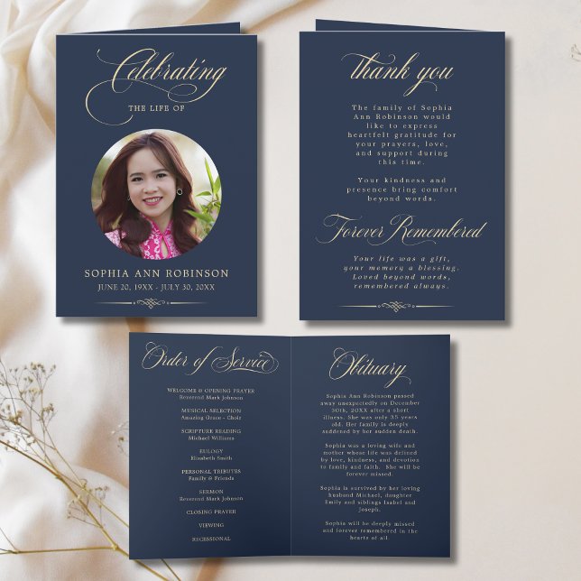 Photo Elegant Blue Gold Script Funeral Program (Creator Uploaded)