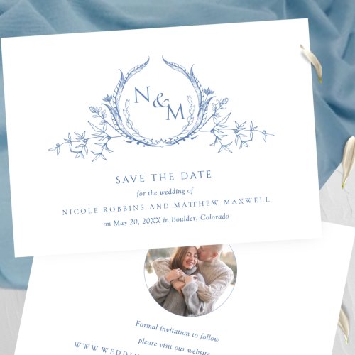 Photo Elegant Blue Monogram Wedding Save The Date