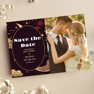 Photo Elegant Burgundy Gold Celestial Wedding Save The Date
