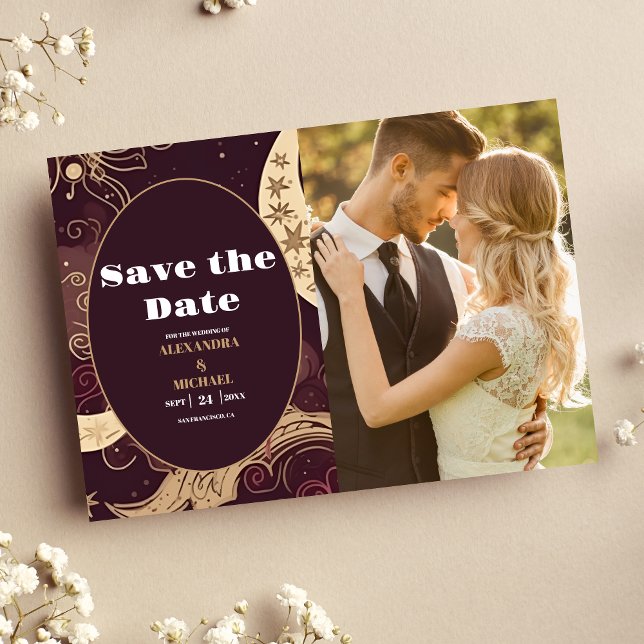 Photo Elegant Burgundy Gold Celestial Wedding Save The Date (Creator Uploaded)