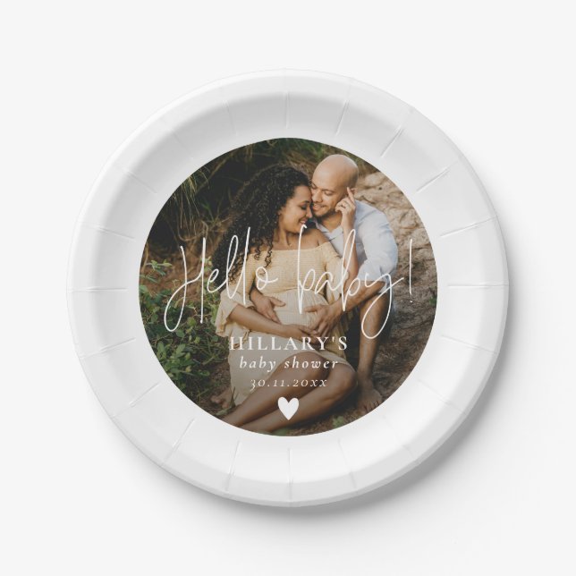 Photo Elegant Calligraphy Baby Shower Hello baby  Paper Plates (Front)