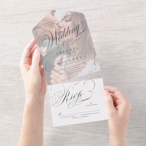 Photo elegant classic calligraphy vintage wedding all in one invitation