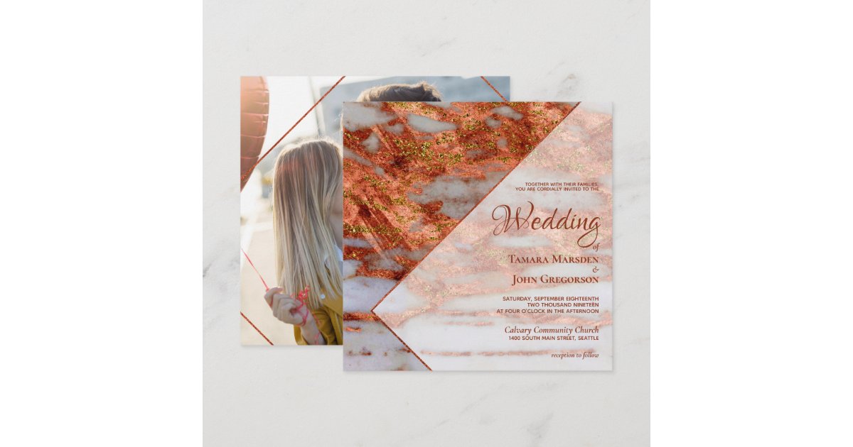 Photo Elegant Copper Marble Geometric Wedding Invitation | Zazzle
