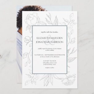 Photo Elegant Dusty Blue Line Drawing Floral  Invitation