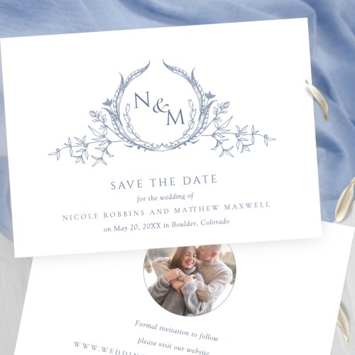 Photo Elegant Dusty Blue Monogram Wedding Save The Date