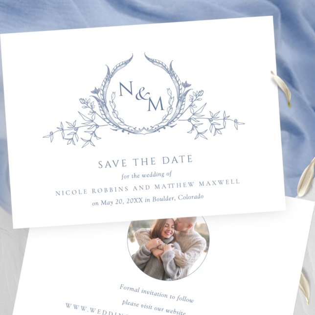 Photo, Elegant Dusty Blue Monogram Wedding Save The Date (Creator Uploaded)