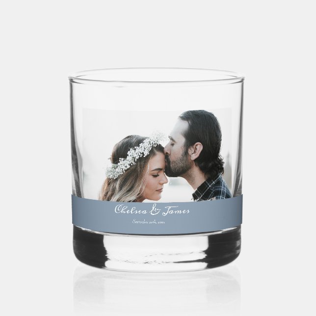 Photo Elegant Dusty Blue Script Wedding Party  Whiskey Glass (Front)