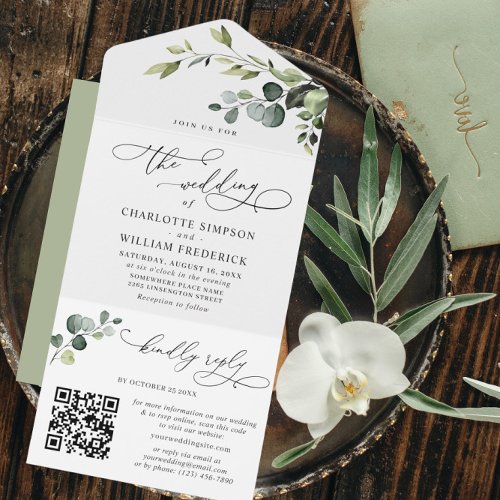 PHOTO Elegant Eucalyptus Greenery Wedding QR Code All In One Invitation