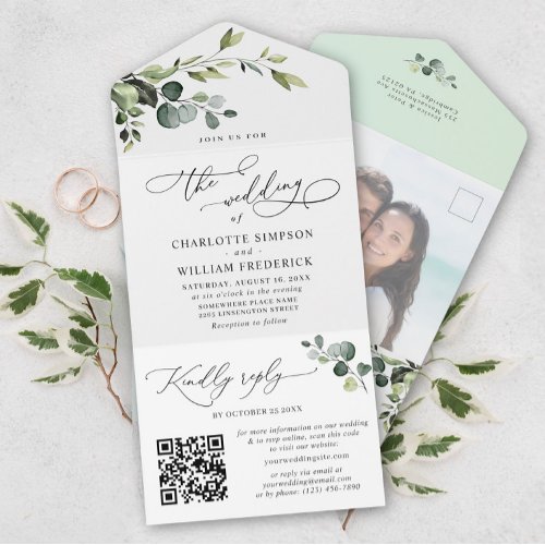 PHOTO Elegant Eucalyptus Greenery Wedding QR Code All In One Invitation