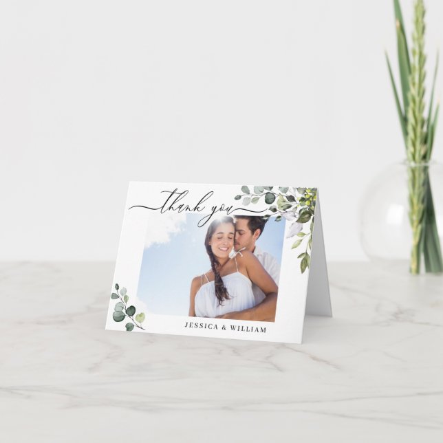PHOTO Elegant Eucalyptus Greenery Wedding Thank You Card (Front)