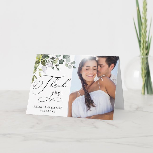 PHOTO Elegant Eucalyptus Greenery Wedding Thank You Card (Front)