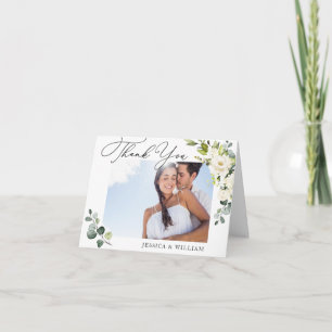 PHOTO Elegant Eucalyptus White Roses Floral Letterpress Thank You Card