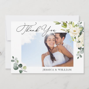 PHOTO Elegant Eucalyptus White Roses Floral Thank You Card