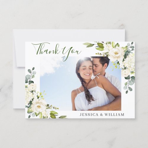 PHOTO Elegant Eucalyptus White Roses Floral Thank You Card