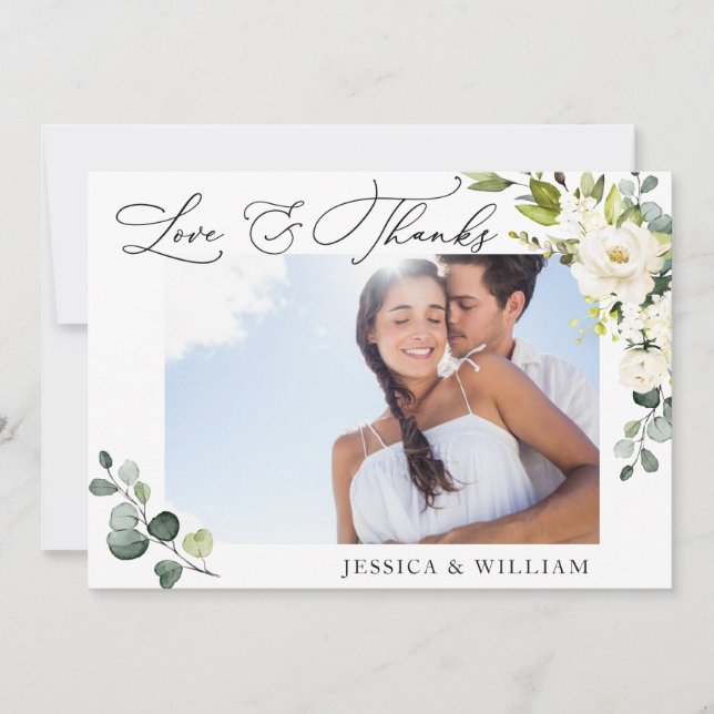 PHOTO Elegant Eucalyptus White Roses Floral Thank You Card (Front)