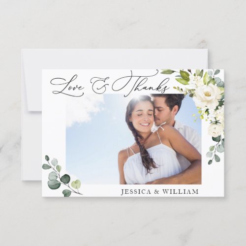 PHOTO Elegant Eucalyptus White Roses Floral Thank You Card