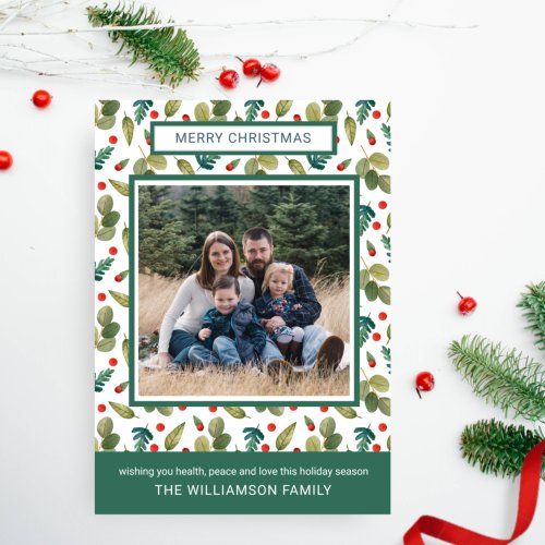 Photo Elegant Festive Greenery and Holly Pattern Holiday Card