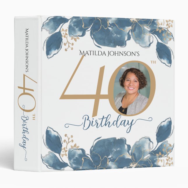 Photo Elegant Floral 40th Birthday 3 Ring Binder (Front/Spine)