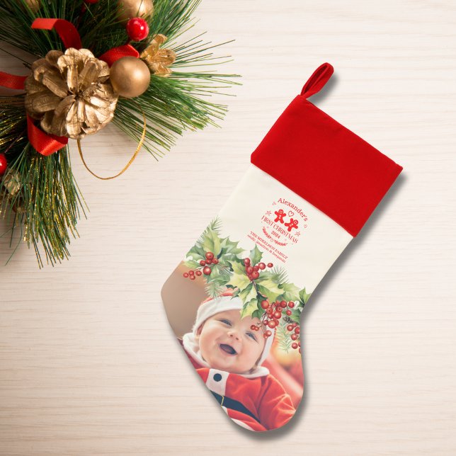 Photo Elegant Floral Baby's First Christmas Christmas Stocking (Creator Uploaded)