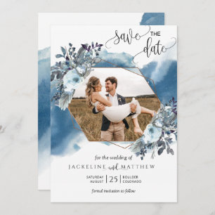 Photo Elegant Geometrical Blue Watercolor Save The Date