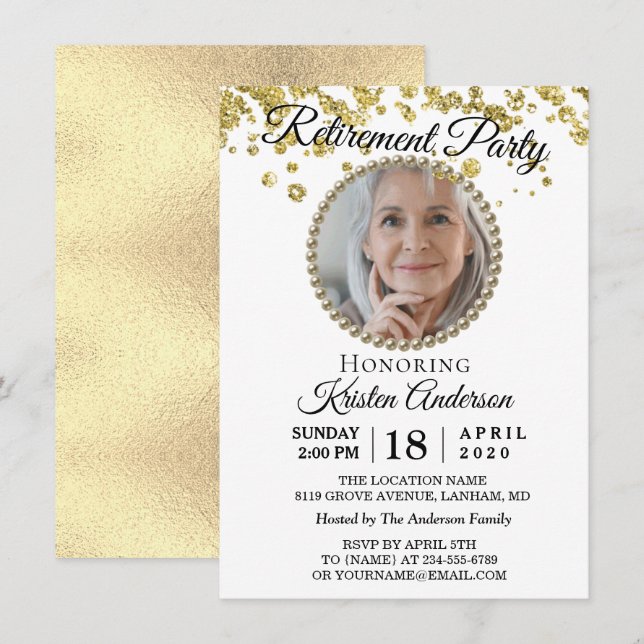 Photo Elegant Gold Glitter Retirement Party Invitation (Front/Back)