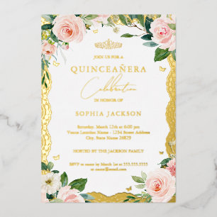 Photo Elegant Gold Lace Pink Floral Quinceanera Foil Invitation
