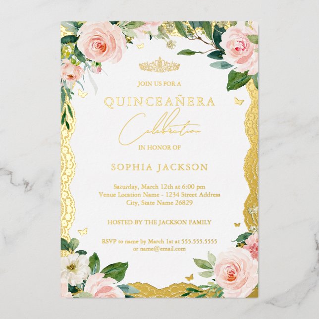 Photo Elegant Gold Lace Pink Floral Quinceanera  Foil Invitation (Front)