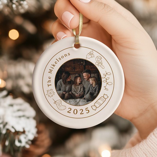 Photo Elegant Gold Line Art Christmas Ceramic Ornament (Creator Uploaded)