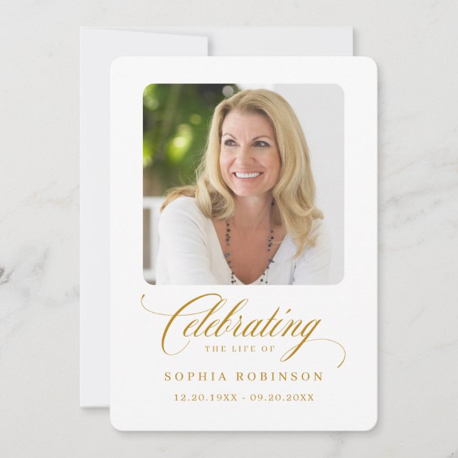  Photo Elegant Gold Script Funeral Memorial Card (Front)