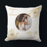 Photo Elegant Gold White Floral Monogram Wedding  Throw Pillow<br><div class="desc">Custom Photo Elegant Gold white floral monogram logo wedding throw pillow. Perfect unique one of a kind gift for newly weds and keepsake favor for wedding team. Easy to customize photo,  bride groom names,  initials and wedding date. Get yours today!</div>