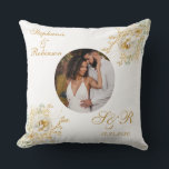 Photo Elegant Gold White Floral Monogram Wedding  Throw Pillow<br><div class="desc">Custom Photo Elegant Gold white floral monogram logo wedding throw pillow. Perfect unique one of a kind gift for newly weds and keepsake favor for wedding team. Easy to customize photo,  bride groom names,  initials and wedding date. Get yours today!</div>