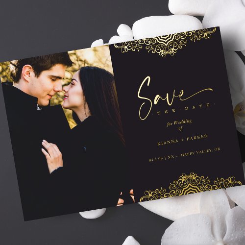 Photo Elegant Golden Filigree Fake Lace Wedding Foil Invitation