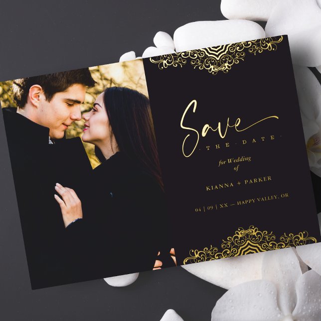 Photo Elegant Golden Filigree Fake Lace Wedding Foil Invitation (Creator Uploaded)