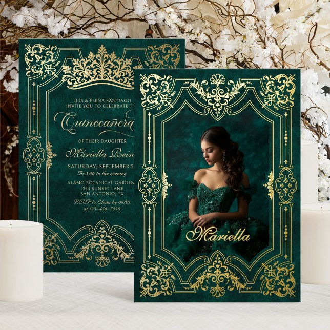 Photo Elegant Green Crown Tiara Royal Quinceanera Foil Invitation (Creator Uploaded)