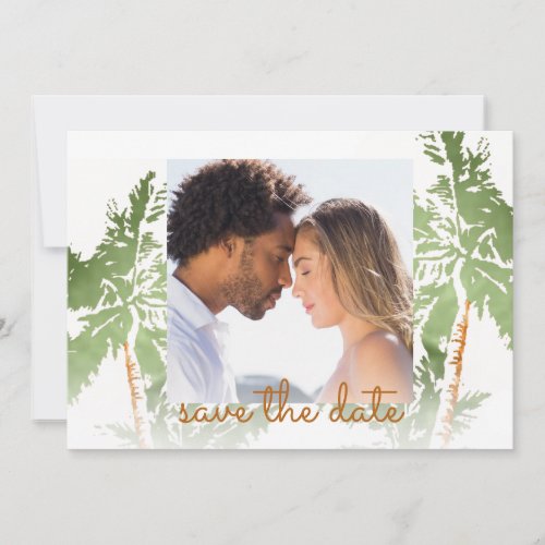 Photo Elegant Green Gold Foil Palm Trees Tropical Save The Date