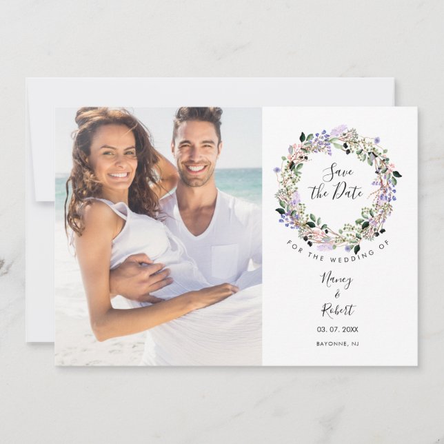 Photo Elegant Lavender Floral Garland Chic Save The Date (Front)