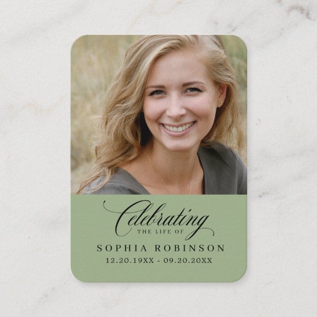 Photo Elegant Memorial Sage Green Prayer Card (Front)