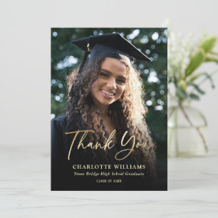 Photo Elegant Modern Script Black Gold Graduation Thank You Card