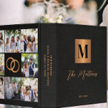 Photo elegant monogram black gold wedding album<br><div class="desc">Stylish modern luxury monogrammed initial and signature script family name personalized wedding memories or planning album binder featuring a faux metallic gold copper square with initial letter,  8 custom photos,  wedding rings,  and your text over a black leather like (PRINTED TEXTURE) background.</div>