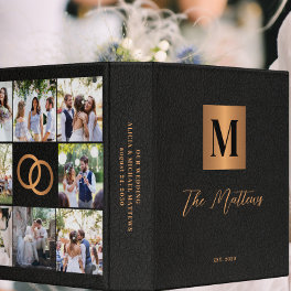 Photo elegant monogram black gold wedding album 3 ring binder