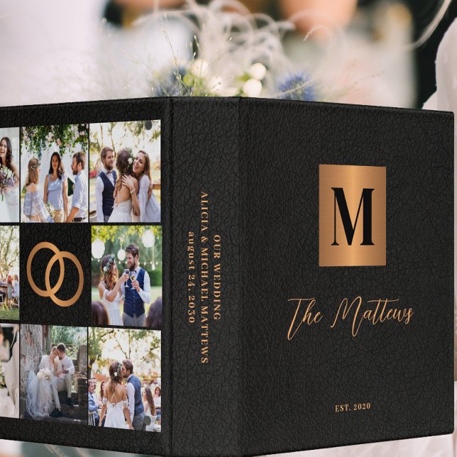 Photo elegant monogram black gold wedding album 3 ring binder (Creator Uploaded)