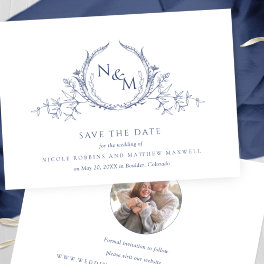 Photo, Elegant Navy Blue Monogram Wedding Save The Date